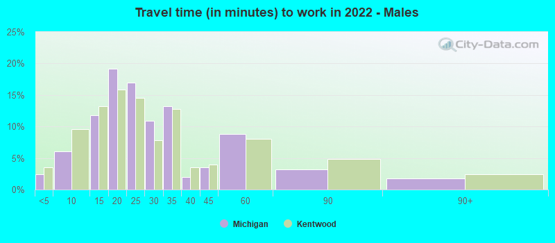 Travel time (in minutes) to work in 2022 - Males