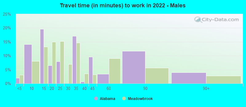 Travel time (in minutes) to work in 2022 - Males