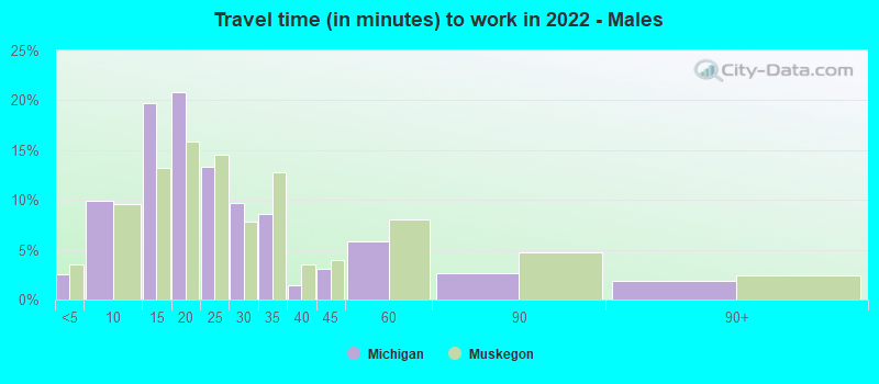 Travel time (in minutes) to work in 2022 - Males