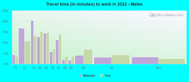 Travel time (in minutes) to work in 2022 - Males