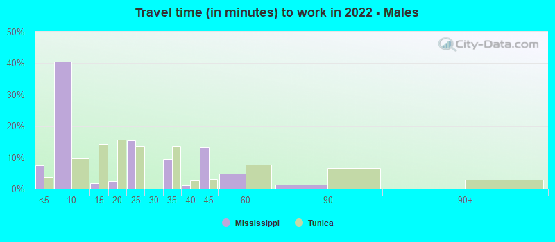 Travel time (in minutes) to work in 2022 - Males