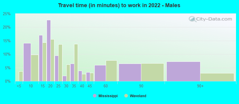 Travel time (in minutes) to work in 2022 - Males