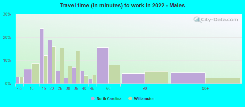 Travel time (in minutes) to work in 2022 - Males