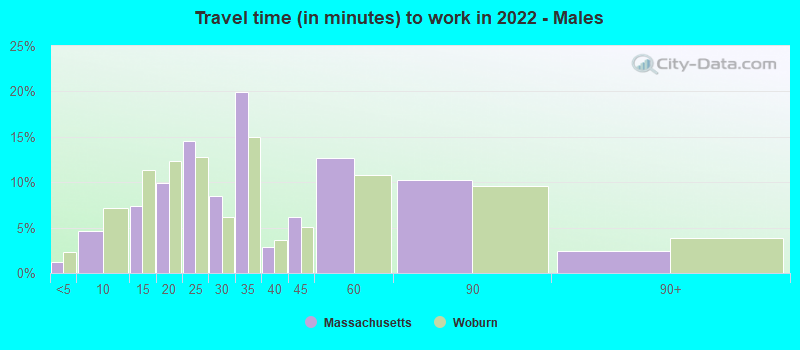 Travel time (in minutes) to work in 2022 - Males