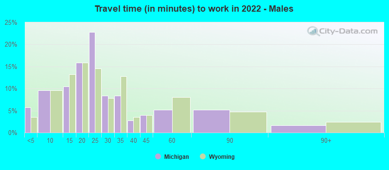 Travel time (in minutes) to work in 2022 - Males