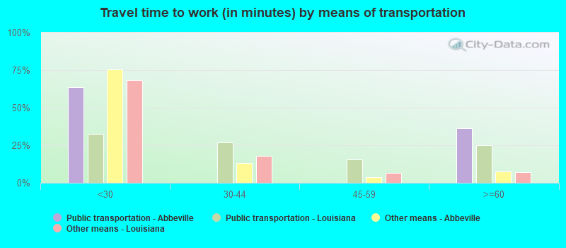 Travel time to work (in minutes) by means of transportation