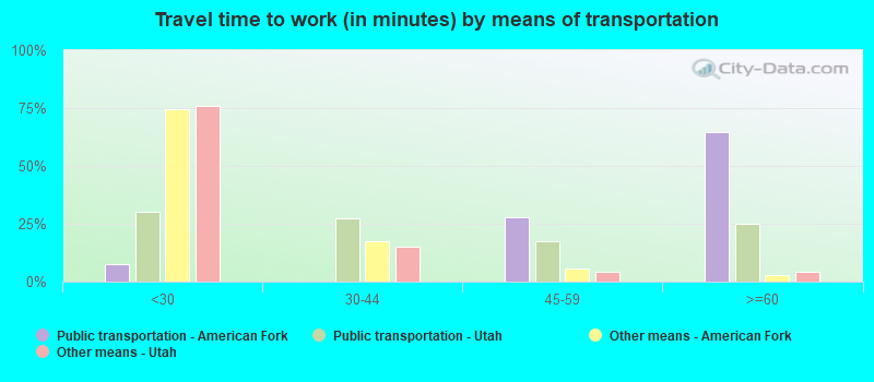 Travel time to work (in minutes) by means of transportation