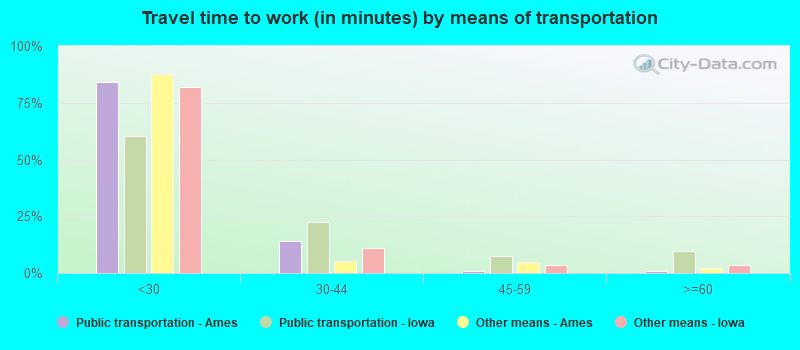 Travel time to work (in minutes) by means of transportation