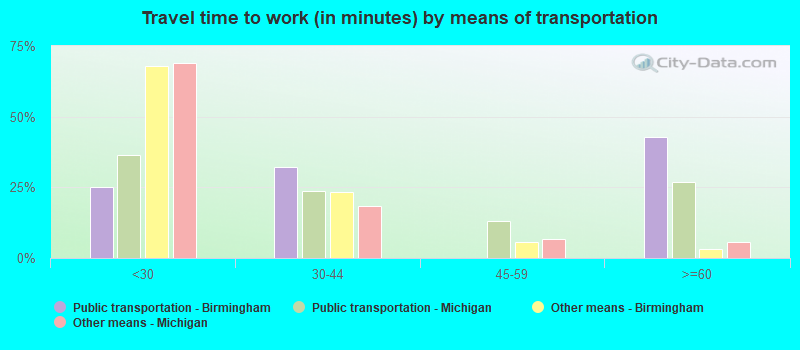 Travel time to work (in minutes) by means of transportation