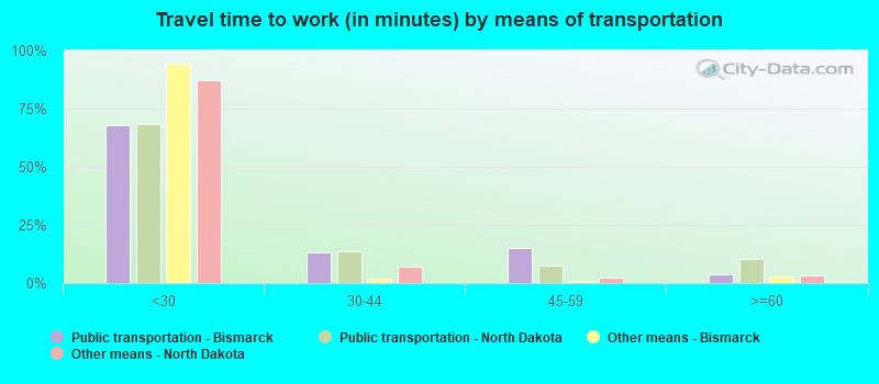 Travel time to work (in minutes) by means of transportation