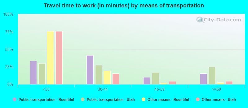 Travel time to work (in minutes) by means of transportation