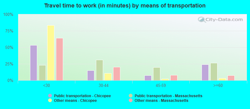 Travel time to work (in minutes) by means of transportation