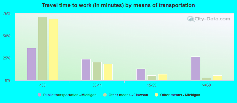 Travel time to work (in minutes) by means of transportation