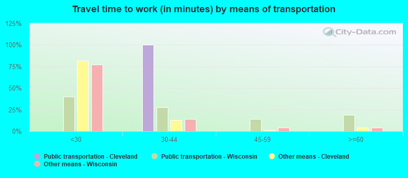 Travel time to work (in minutes) by means of transportation