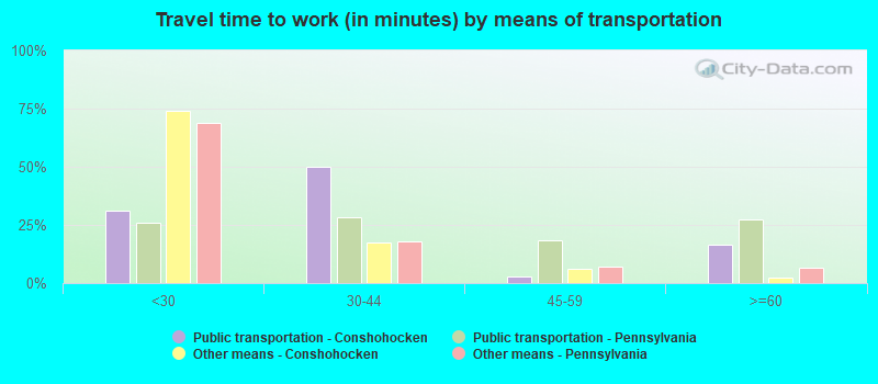 Travel time to work (in minutes) by means of transportation