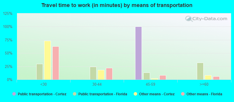 Travel time to work (in minutes) by means of transportation