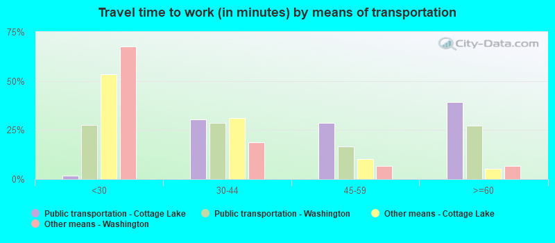 Travel time to work (in minutes) by means of transportation