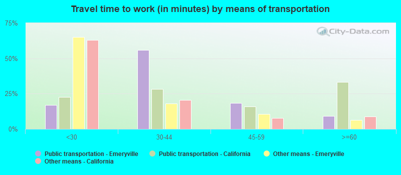 Travel time to work (in minutes) by means of transportation