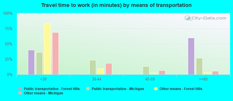 Travel time to work (in minutes) by means of transportation