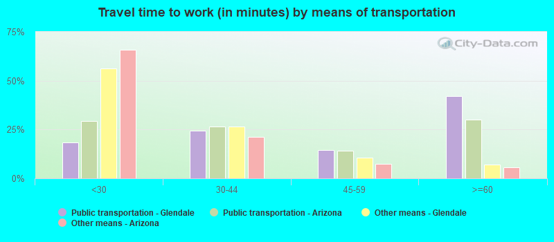 Travel time to work (in minutes) by means of transportation