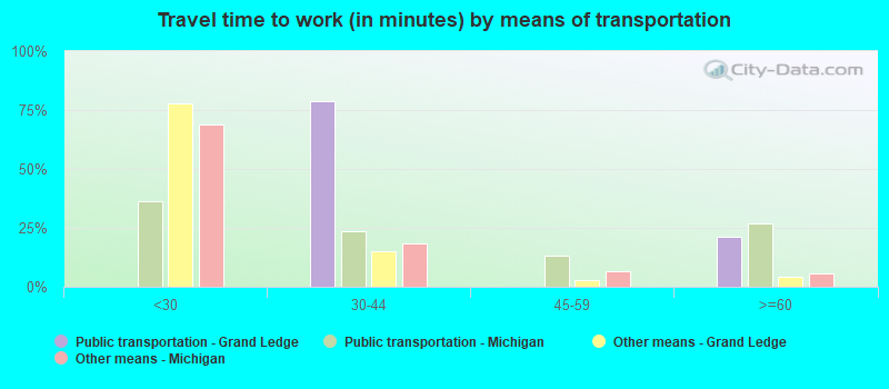 Travel time to work (in minutes) by means of transportation