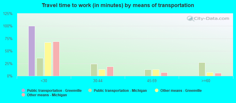 Travel time to work (in minutes) by means of transportation