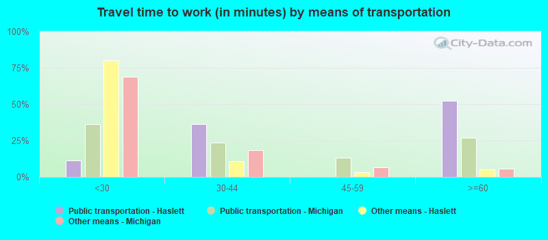 Travel time to work (in minutes) by means of transportation