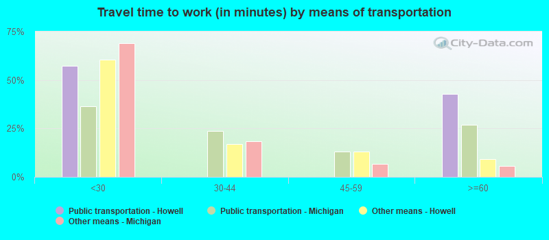 Travel time to work (in minutes) by means of transportation