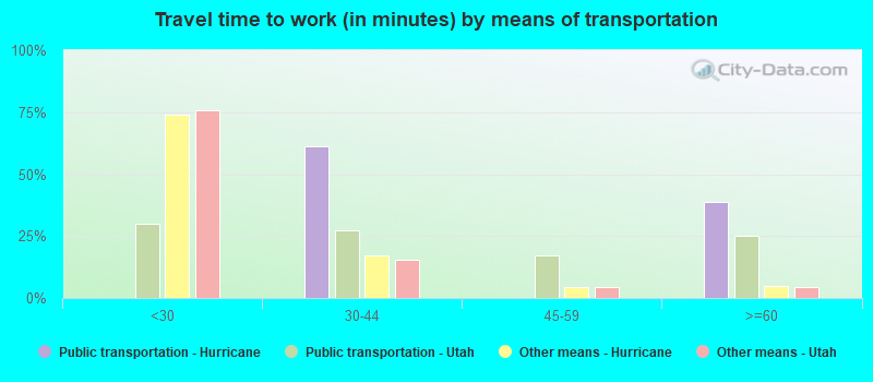 Travel time to work (in minutes) by means of transportation