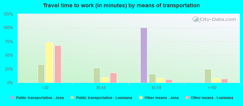 Travel time to work (in minutes) by means of transportation