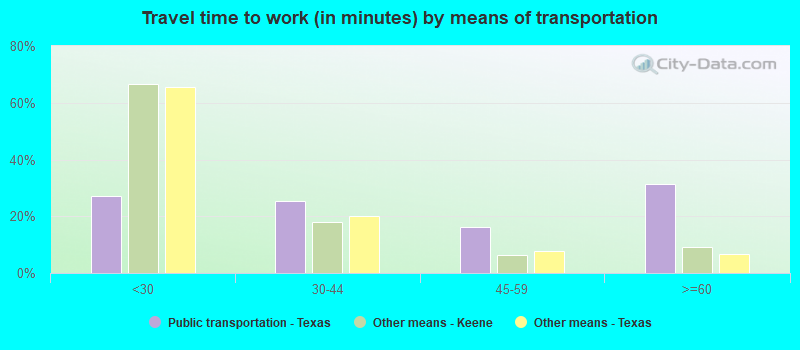 Travel time to work (in minutes) by means of transportation