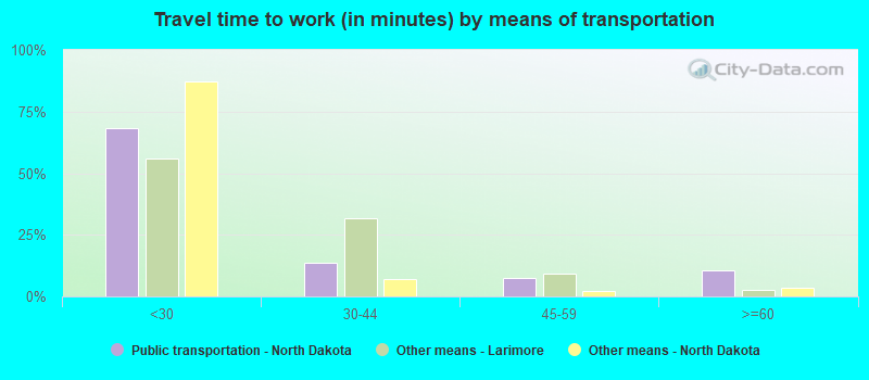 Travel time to work (in minutes) by means of transportation