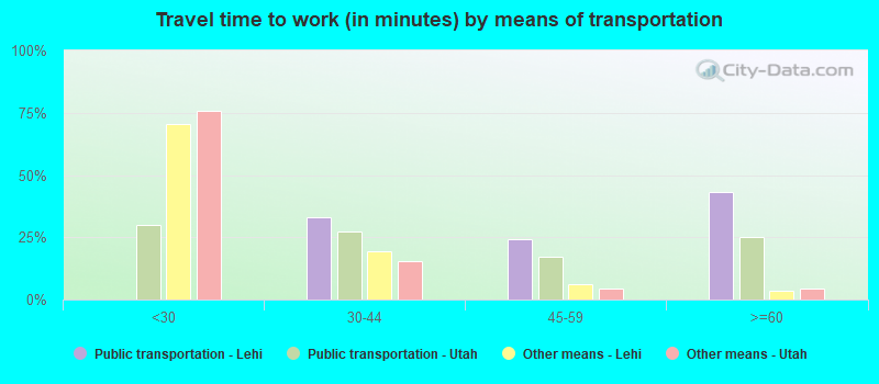 Travel time to work (in minutes) by means of transportation