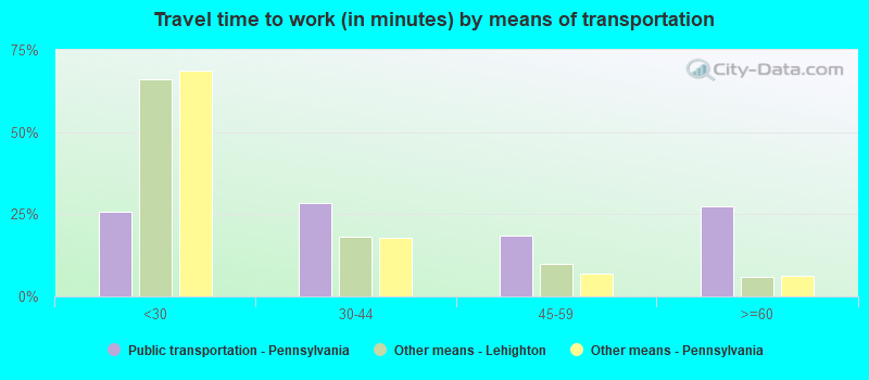 Travel time to work (in minutes) by means of transportation