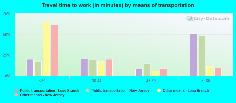 Travel time to work (in minutes) by means of transportation