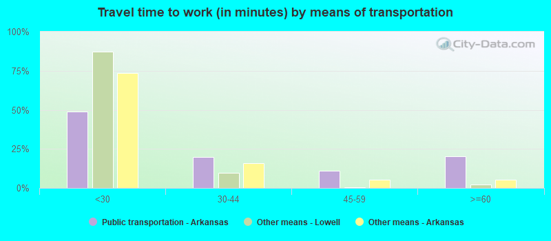 Travel time to work (in minutes) by means of transportation