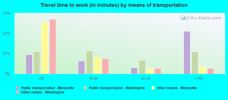 Travel time to work (in minutes) by means of transportation