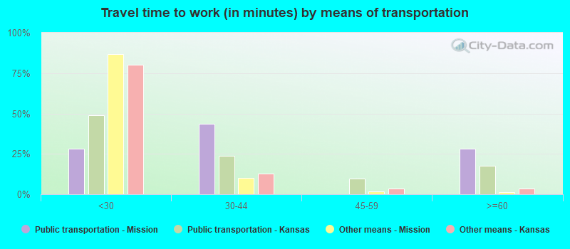 Travel time to work (in minutes) by means of transportation