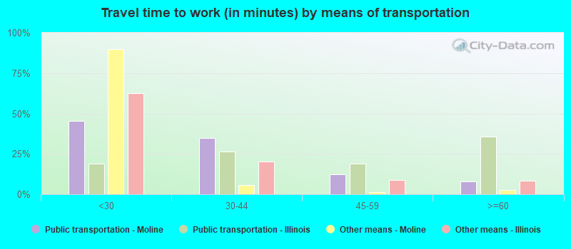 Travel time to work (in minutes) by means of transportation