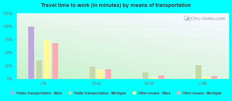 Travel time to work (in minutes) by means of transportation