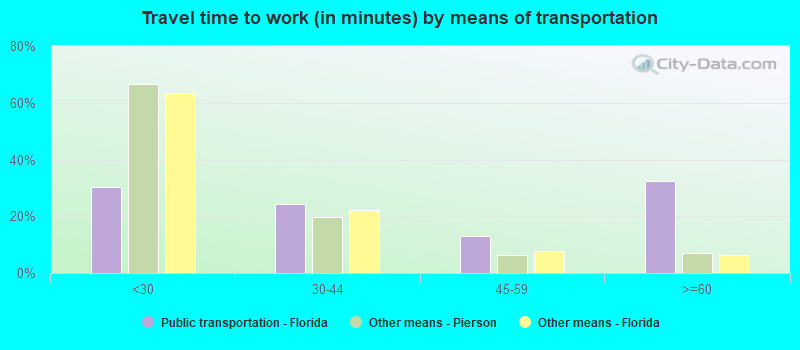 Travel time to work (in minutes) by means of transportation