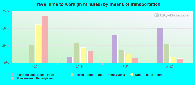 Travel time to work (in minutes) by means of transportation