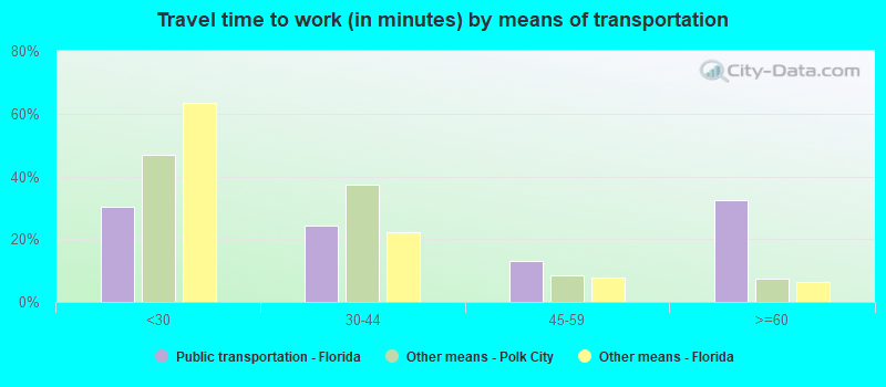 Travel time to work (in minutes) by means of transportation