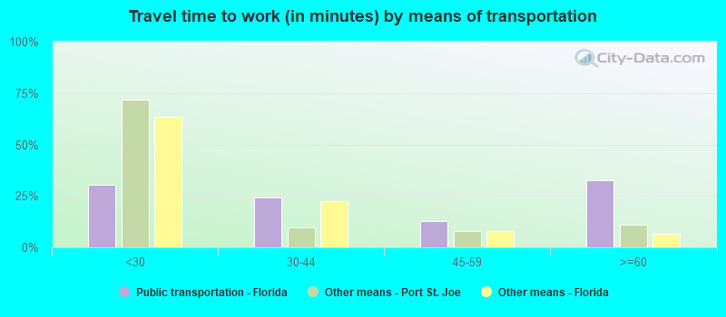 Travel time to work (in minutes) by means of transportation