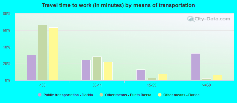 Travel time to work (in minutes) by means of transportation