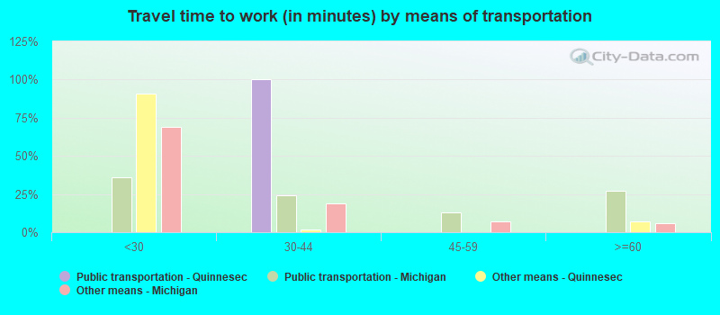 Travel time to work (in minutes) by means of transportation