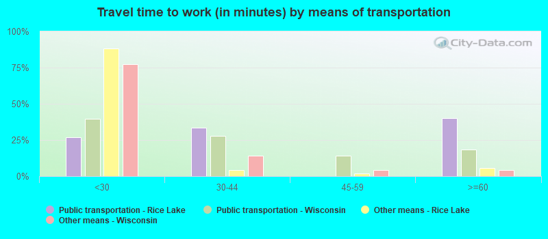 Travel time to work (in minutes) by means of transportation