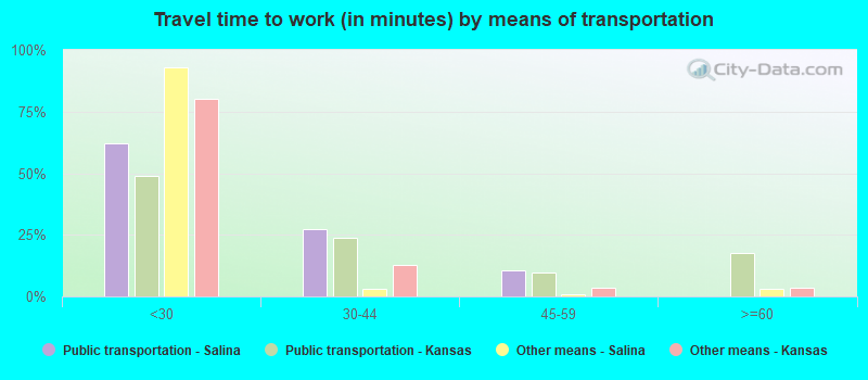 Travel time to work (in minutes) by means of transportation