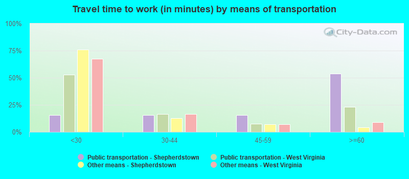 Travel time to work (in minutes) by means of transportation