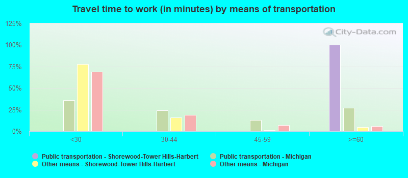 Travel time to work (in minutes) by means of transportation